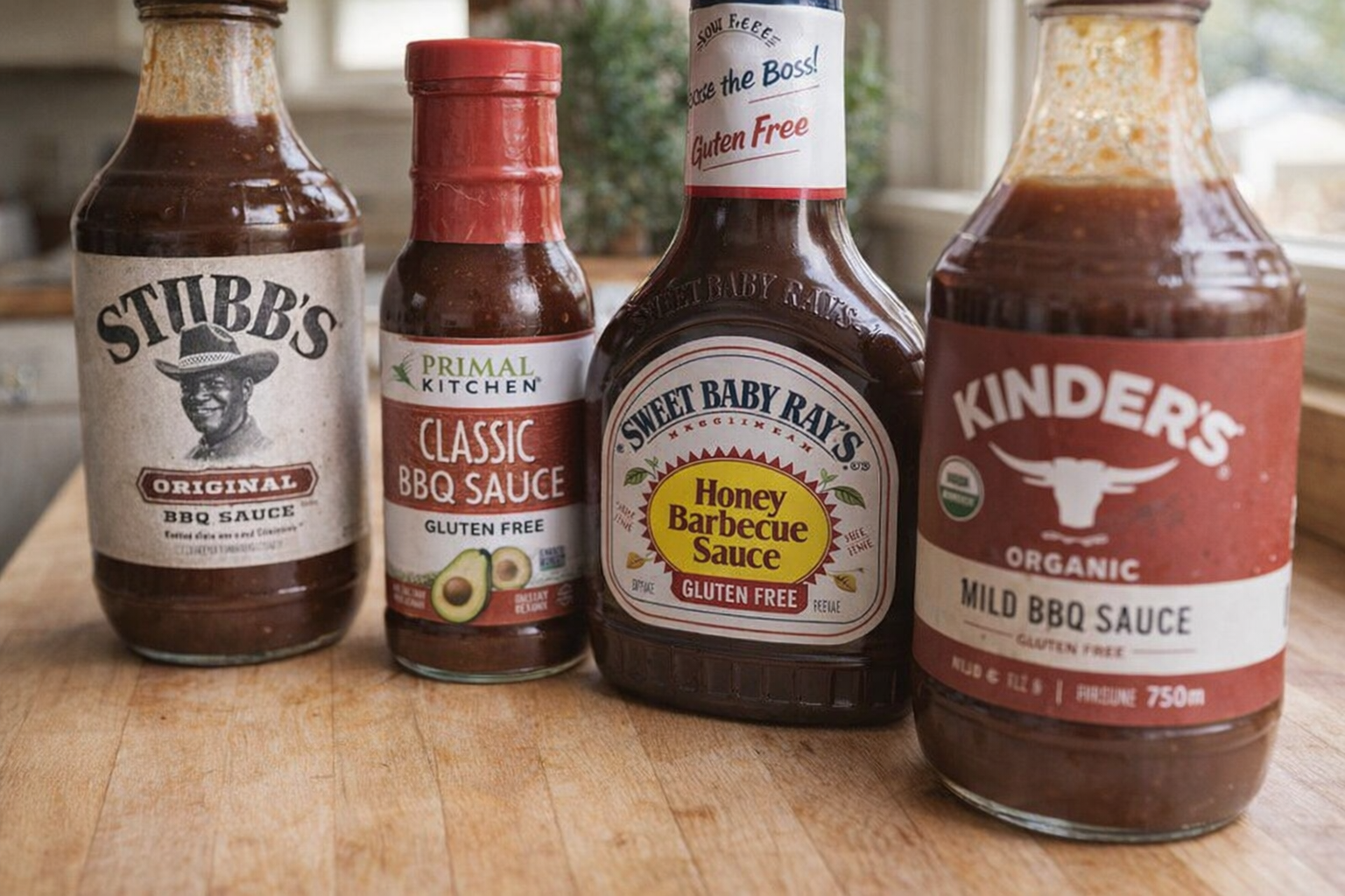 A close-up shot of various gluten-free BBQ sauce bottles lined up on a kitchen counter, natural light from a window, focus on the labels